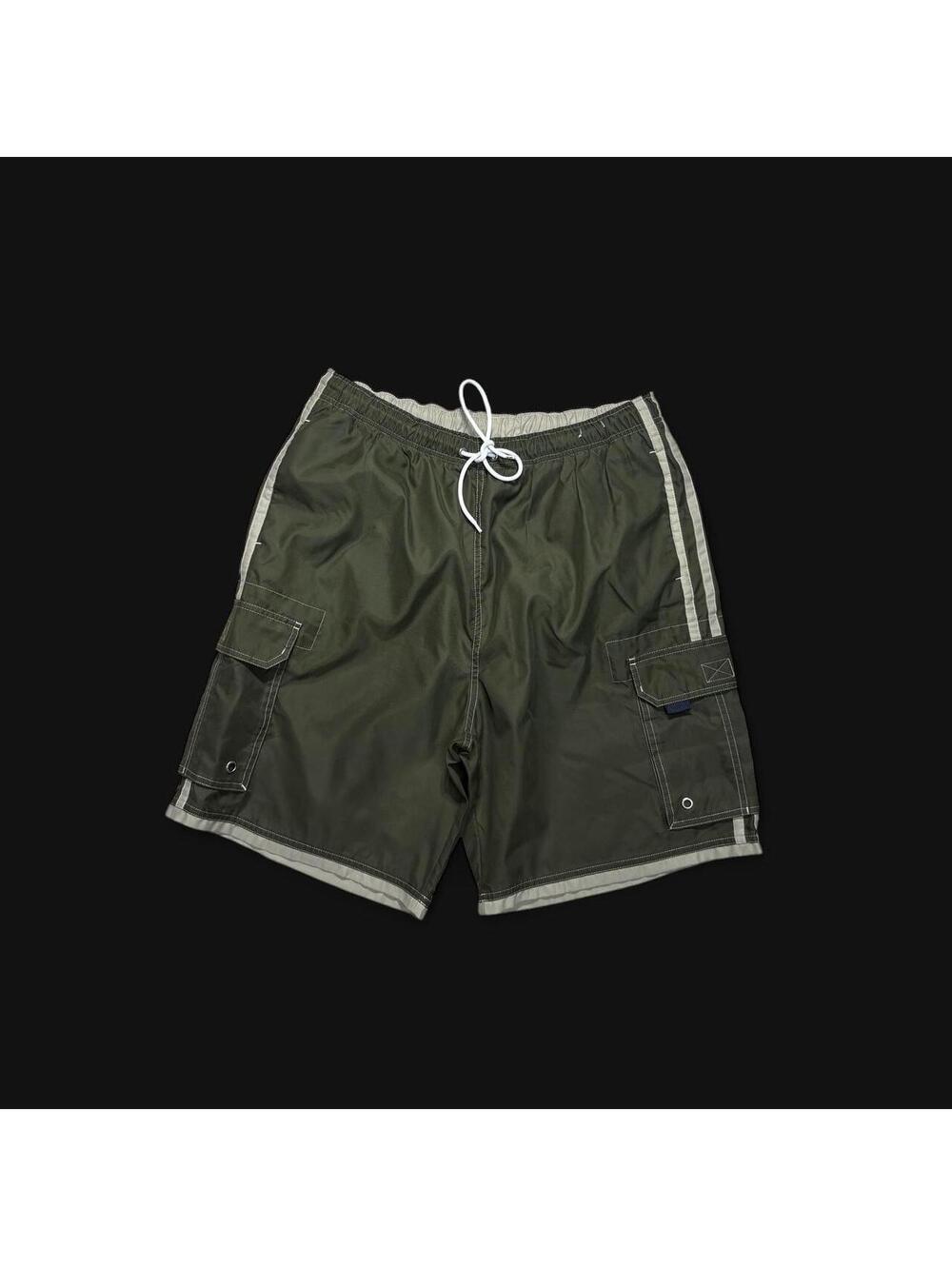 90s y2k indie old navy olive green swim shorts with strips on the side